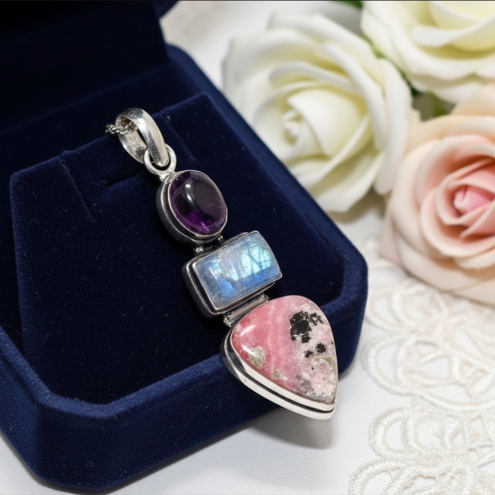 Rhodonite, Rainbow Moonstone, Amethyst Gemstone Long 2.5” Boho Silver Pendant - Picture 9 of 11